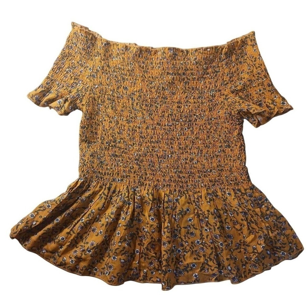 Japna Smocked Floral Top 17397 Womens Small Mustard Boho Cottagecore Festival